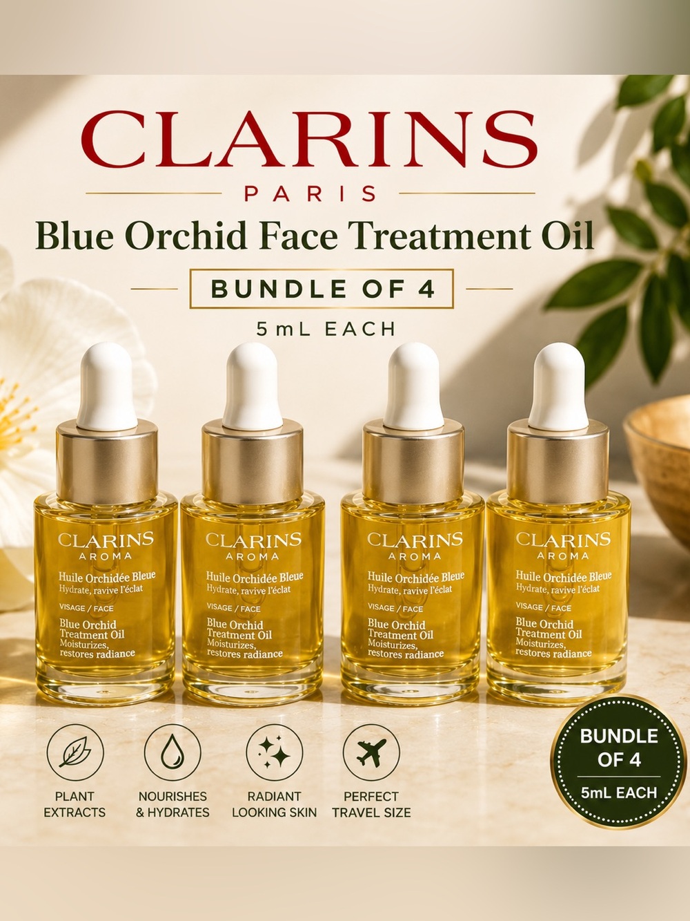 NEW Clarins Blue Orchid Face Treatment Oil Bundle of 4 Travel Size 5mL Each